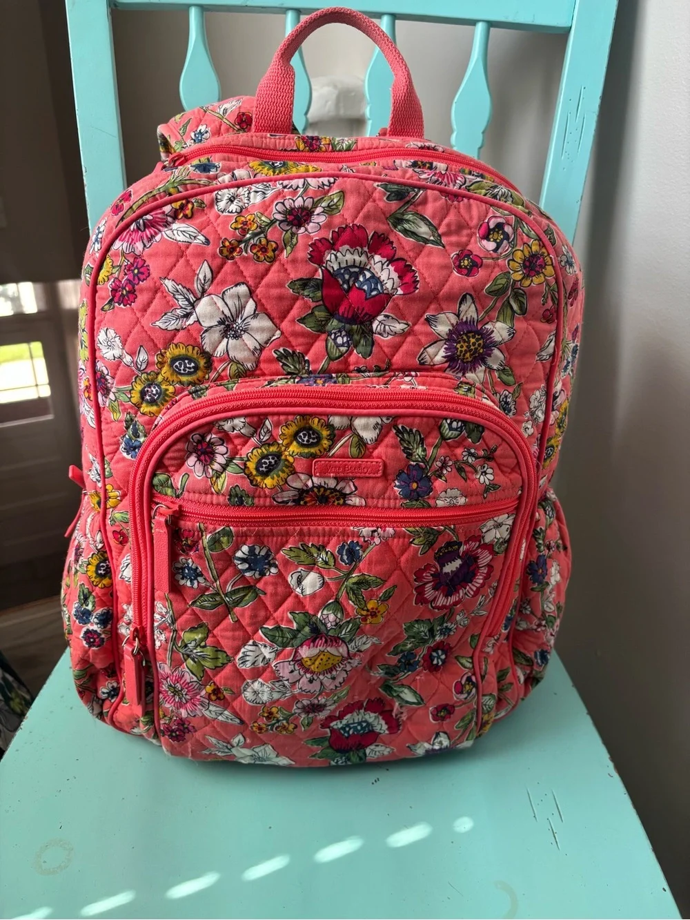 Vera Bradley Quilted Floral Backpack in Coral with Multicolor Flowers